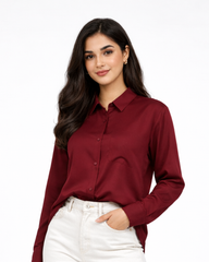 Women’s Solid Button-Down Shirt – Maroon Casual Long Sleeve Top