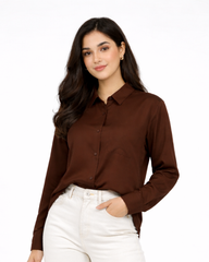Women’s Solid Button-Down Shirt – Brown Casual Long Sleeve Top