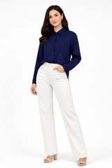 Women’s Solid Button-Down Shirt – Navy Blue Casual Long Sleeve Top