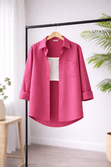 Women’s Solid Button-Down Shirt – Shocking Pink Casual Long Sleeve Top