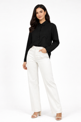 Women’s Solid Button-Down Shirt – Black Casual Long Sleeve Top