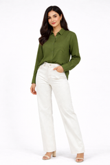 Women’s Solid Button-Down Shirt – Olive Green Casual Long Sleeve Top
