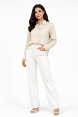 Women’s Solid Button-Down Shirt – Beige Casual Long Sleeve Top