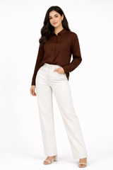 Women’s Solid Button-Down Shirt – Brown Casual Long Sleeve Top