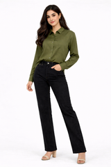 Combo Wear (Olive green shirt with Black wide leg jeans )