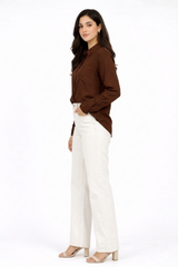Women’s Solid Button-Down Shirt – Brown Casual Long Sleeve Top