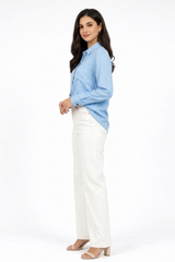 Women’s Solid Button-Down Shirt – Sky blue Casual Long Sleeve Top