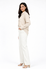 Women’s Solid Button-Down Shirt – Beige Casual Long Sleeve Top