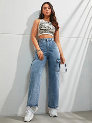 6 Pockets Wide leg Cargo Jeans (Blue)